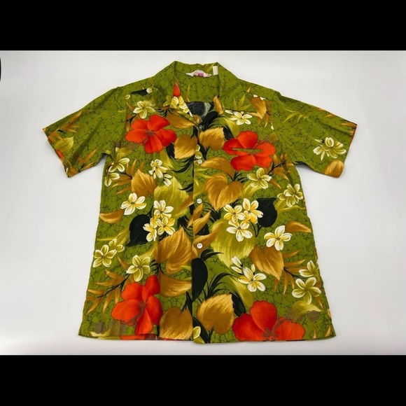 Sears Vintage 70s Hawaiian Floral Button Up Shirt Green Mens - Picture 1 of 10